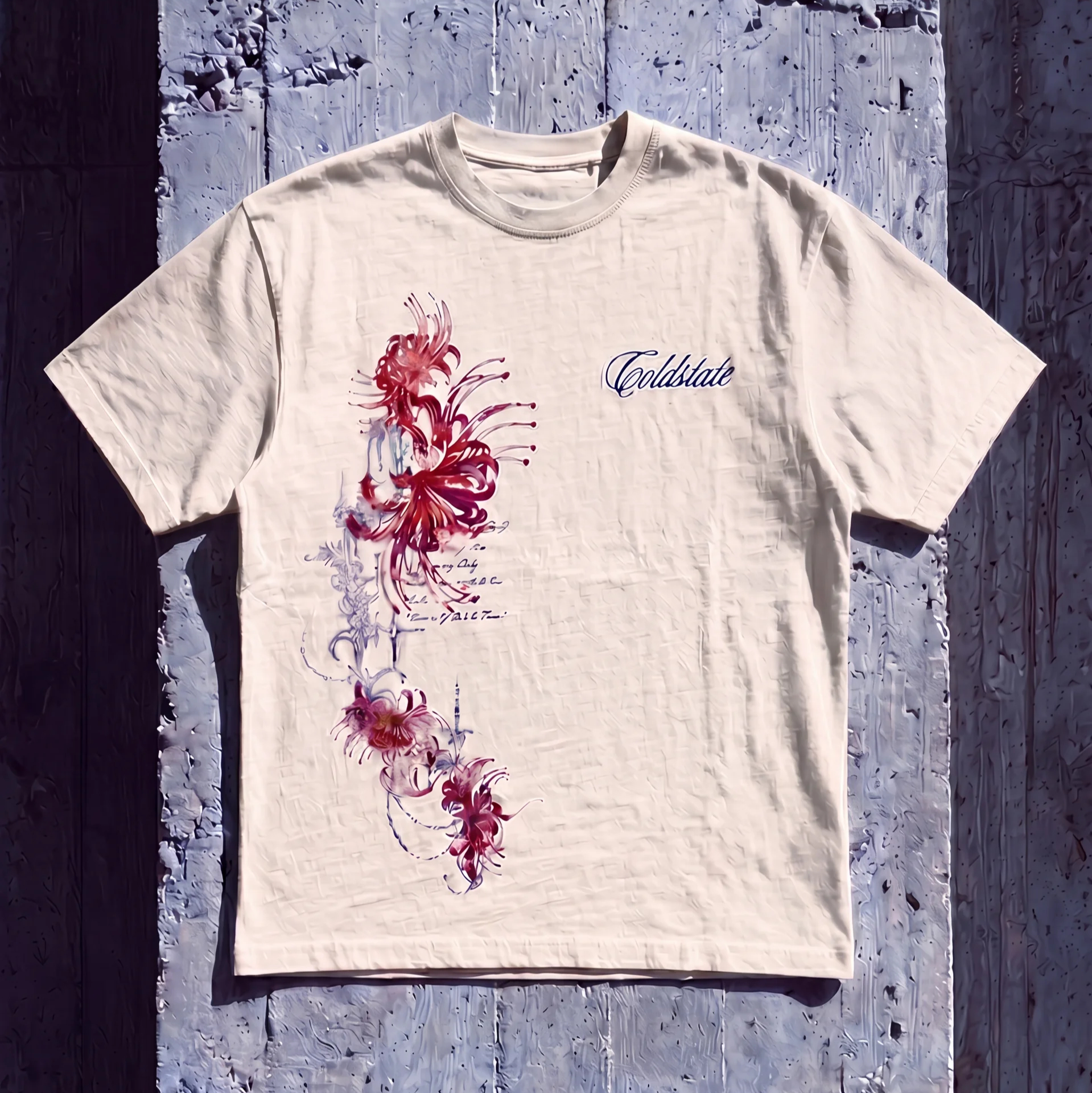 Cream Cold State T-shirt with large red floral artwork and script logo