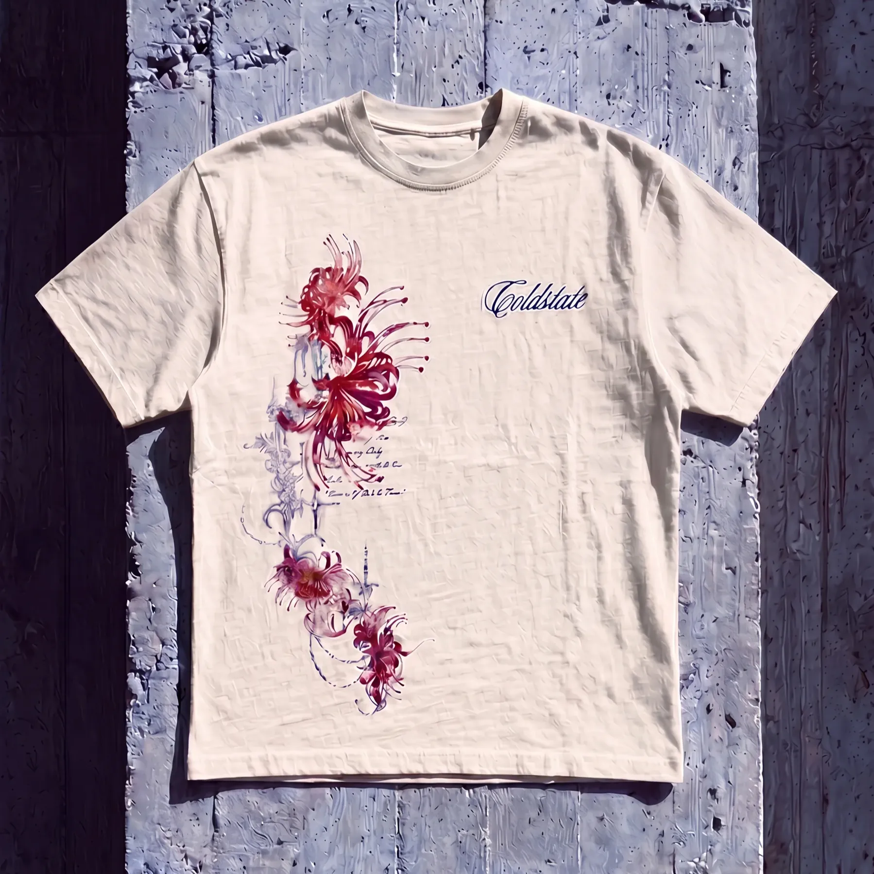 Cream Cold State T-shirt with large red floral artwork and script logo