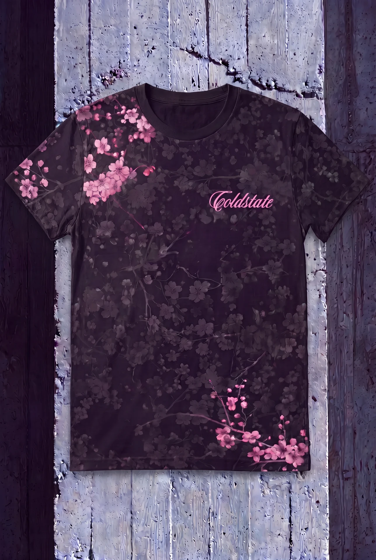 Black Cold State T-shirt with pink cherry blossom floral artwork and script logo